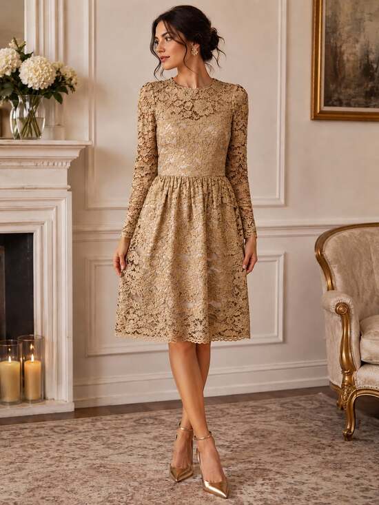 Boden Dresses & Skirts - Boden Gold Metallic Lace Long Sleeve Midi Dress with Back Bow